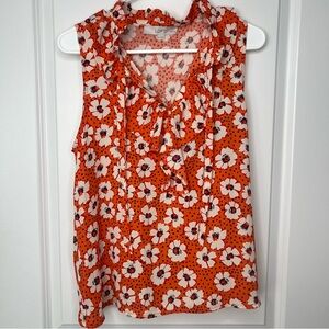 LOFT Floral Ruffle Blouse - Orange and White / Size Medium Petite